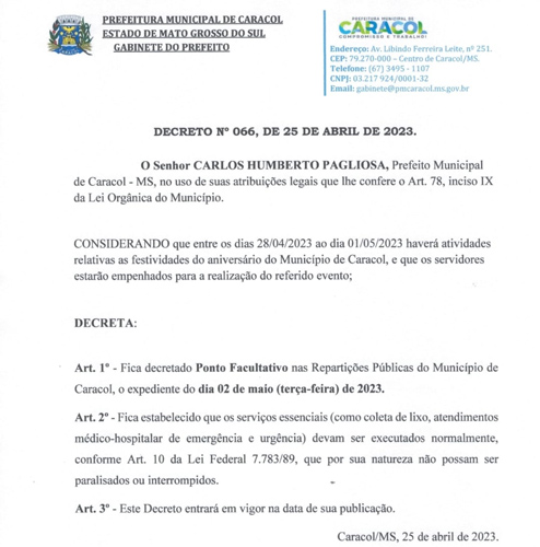 Prefeitura de Caracol decreta ponto facultativo no dia 2 de maio