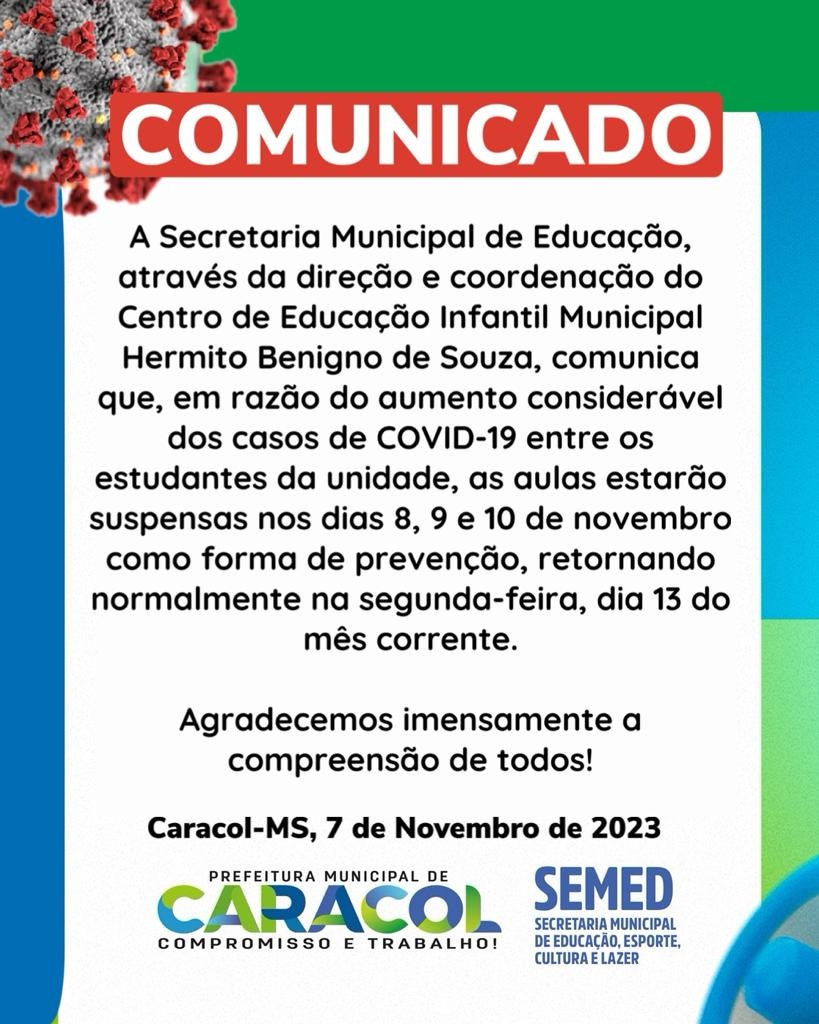 Secretaria de Educação comunica paralisação das aulas no CEIM Hermito Benigno de Souza entre os dias 8 e 10 de novembro