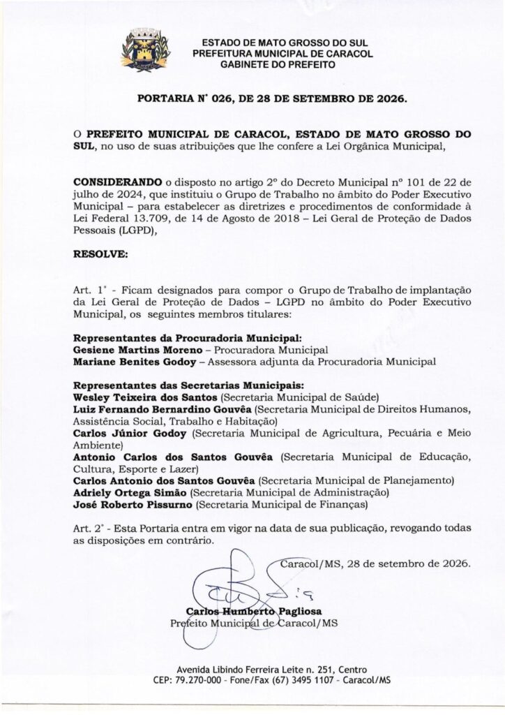 Portaria n°026/2026-Grupo de trabalho LGPD